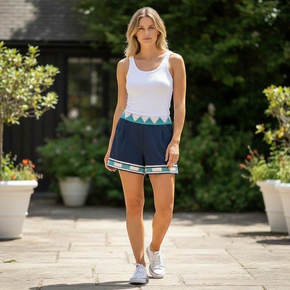 Esley Geometric Trim Chiffon Shorts Navy Blue Teal Small